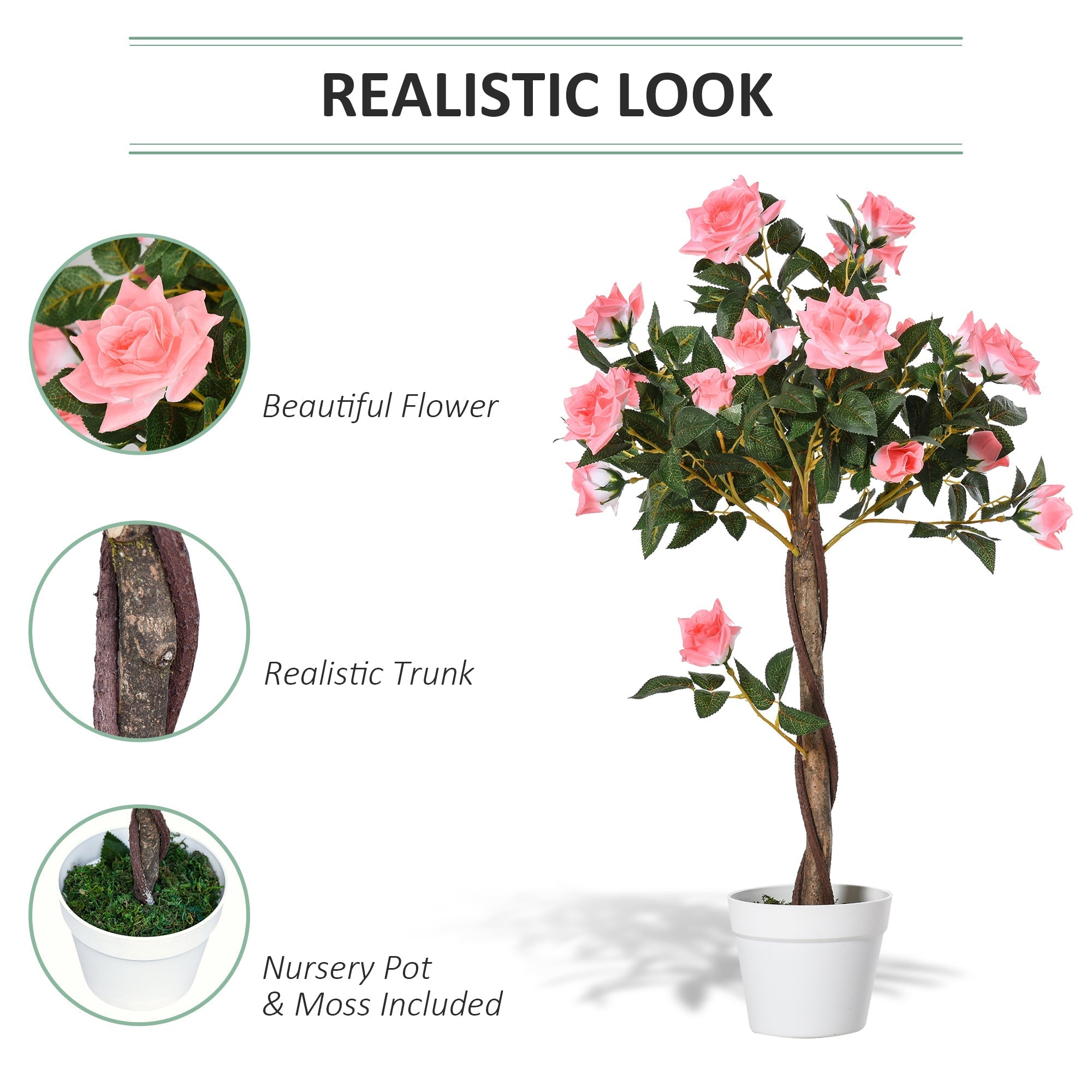 Outsunny artificial pink rose artificial tree with twisted trunk and green leaves in white pot with cement soil for decor