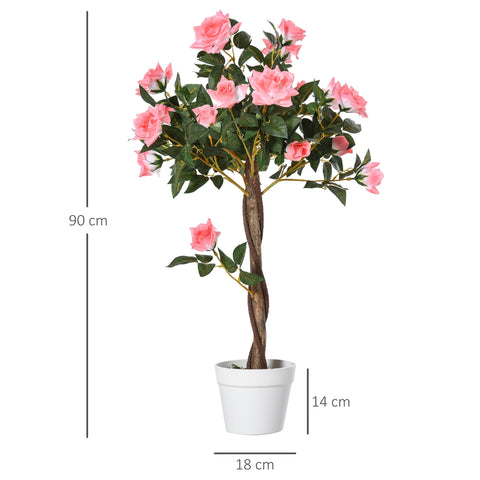 Outsunny artificial pink rose tree with twisted trunk dark green leaves in white ceramic pot with cement soil 90cm tall