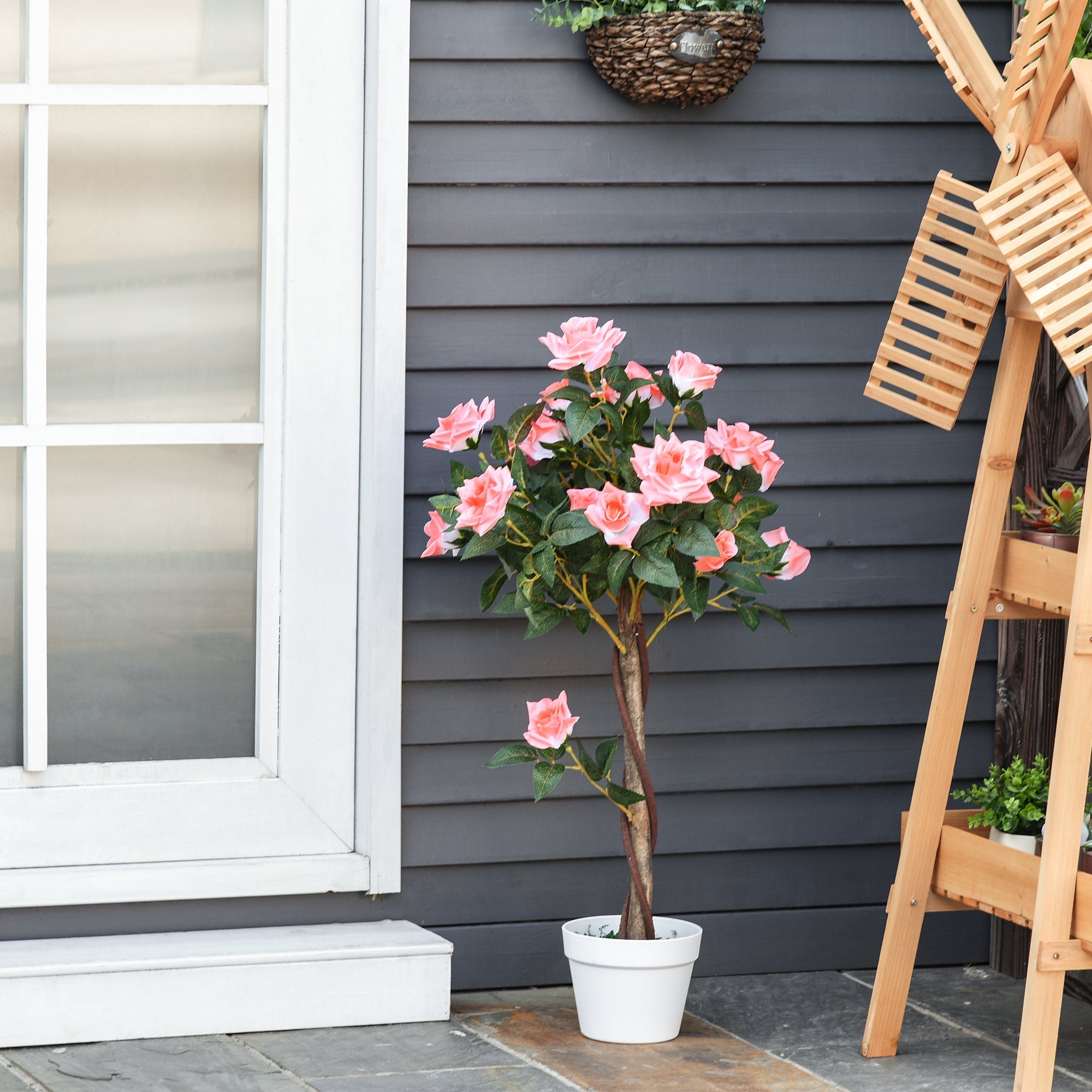 Outsunny artificial pink rose tree in white ceramic pot with cement soil perfect for indoor outdoor decor 90cm tall