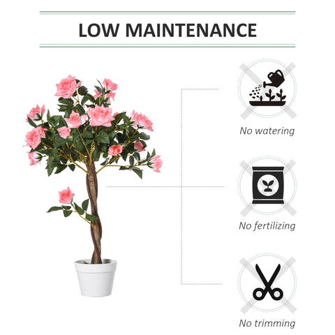 Outsunny artificial pink rose bush with green leaves in white pot and cement soil for indoor outdoor decor 90cm