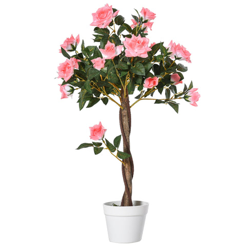Outsunny artificial pink rose tree with twisted brown trunk and green leaves in white pot with cement soil, 90cm tall