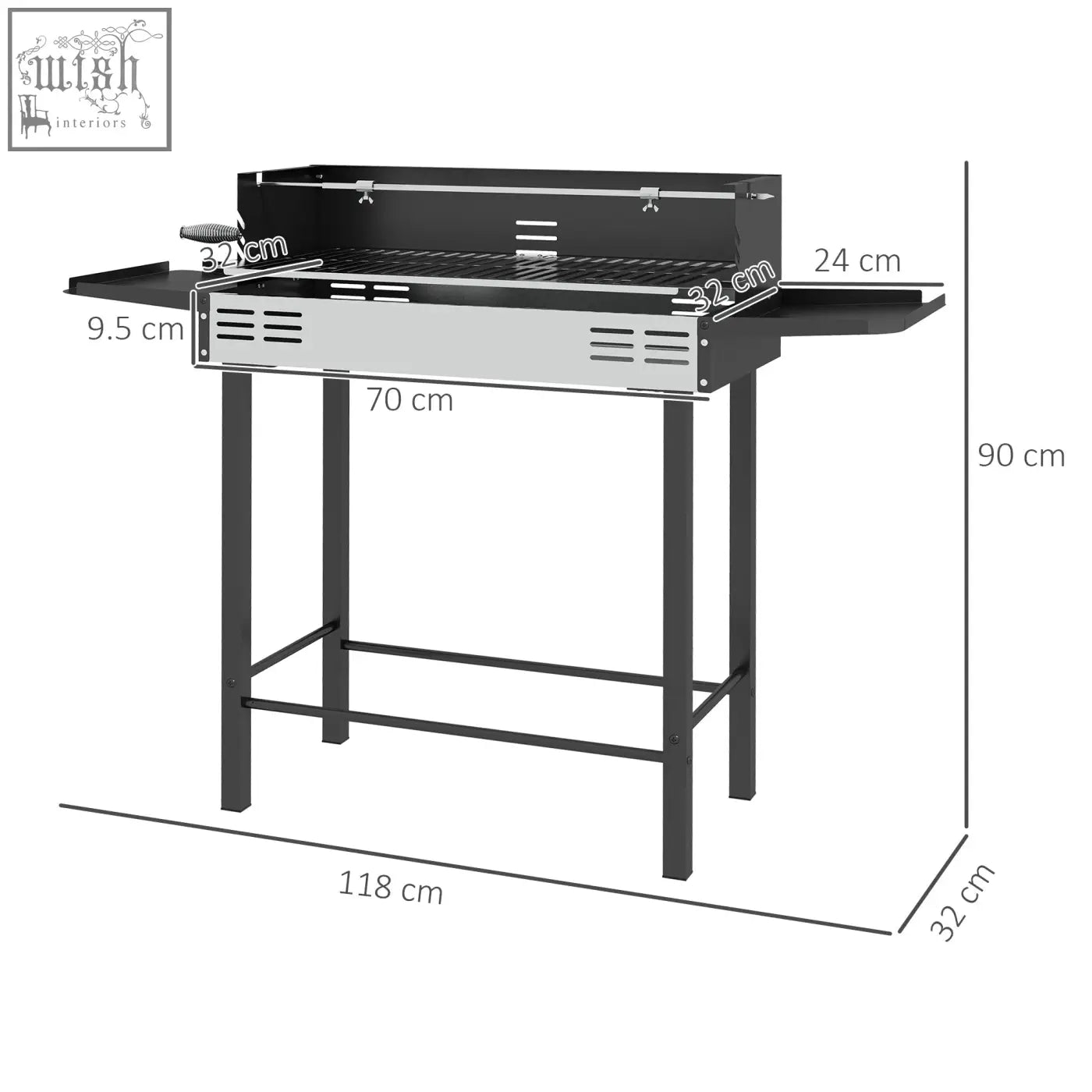 Black and silver outsunny bbq rotisserie grill with stainless steel body side shelves and 3-level grill grate