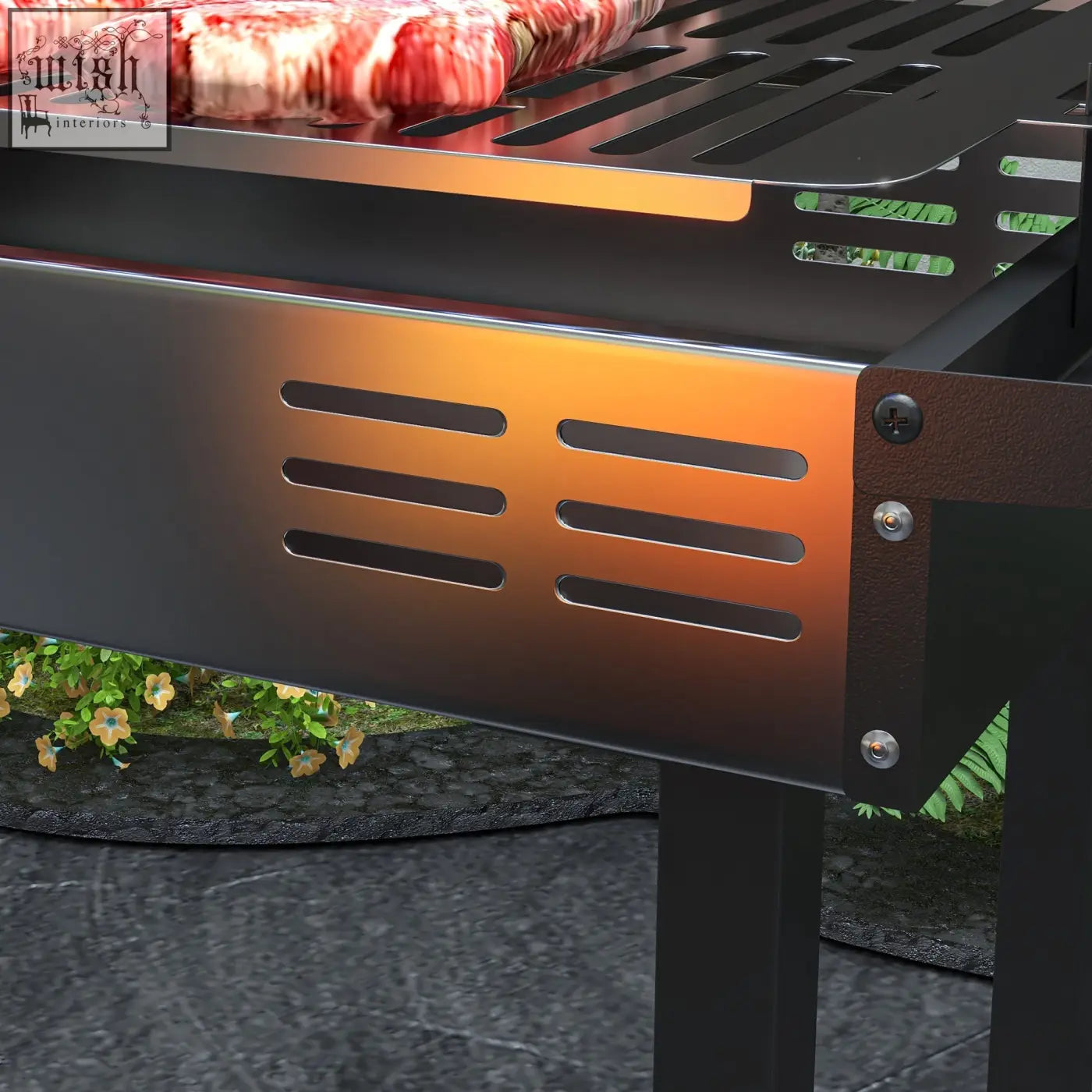 Black metal outsunny bbq rotisserie grill with stainless steel body and horizontal ventilation slits on the side