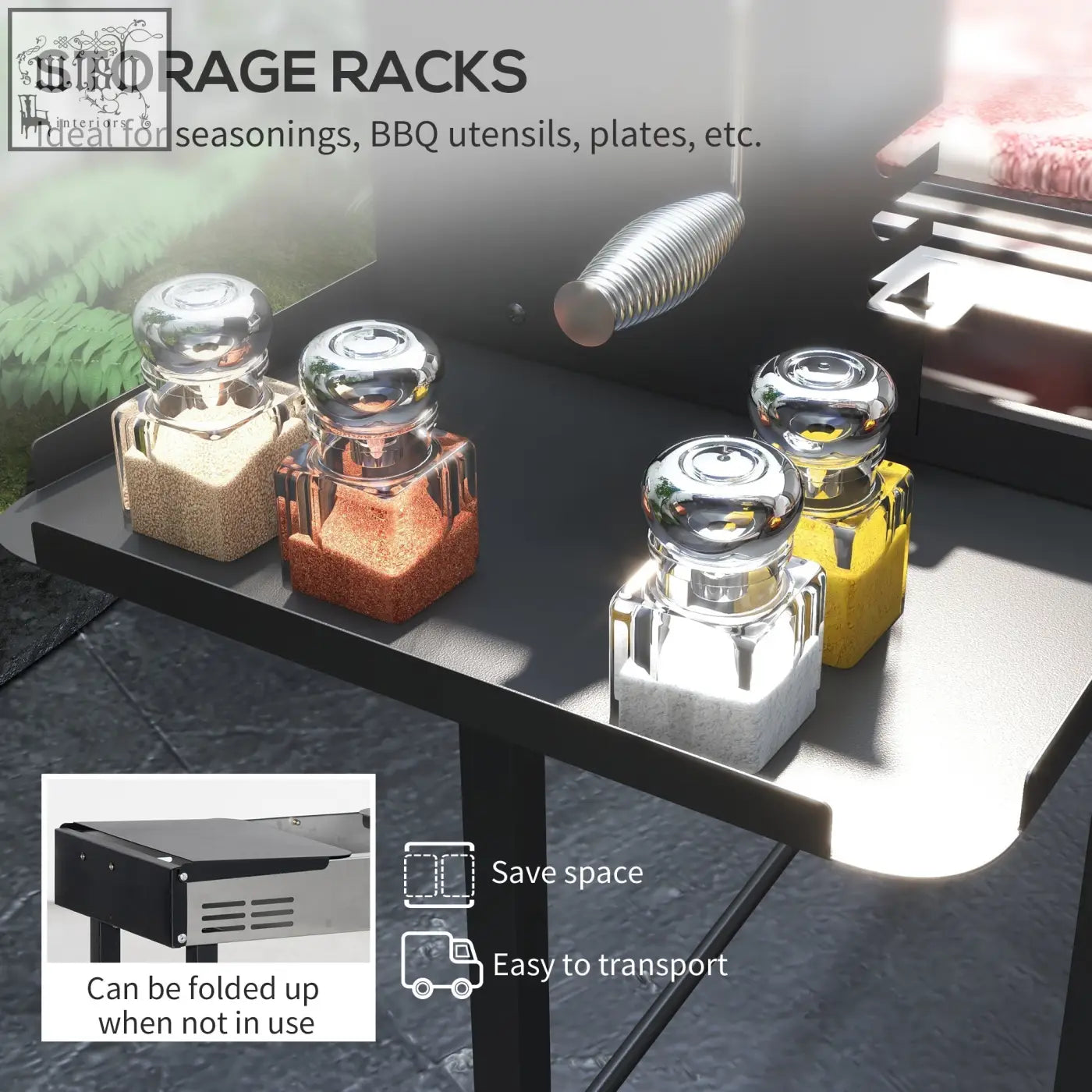 Black and stainless steel foldable storage rack with a sleek modern stainless steel body for outdoors grilling setups