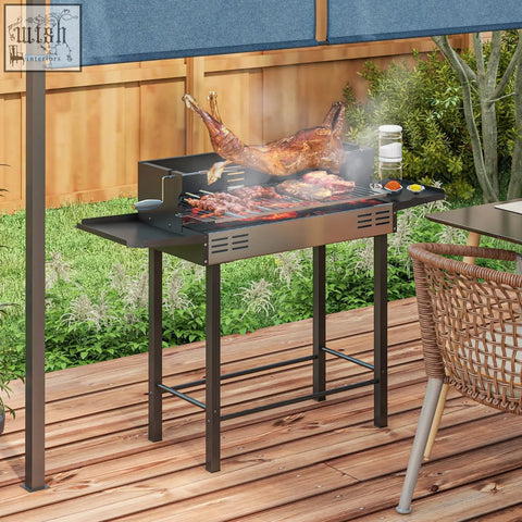 Black metal outsunny bbq rotisserie grill with steel body roasting lamb and skewered meats on 3-level grill grates