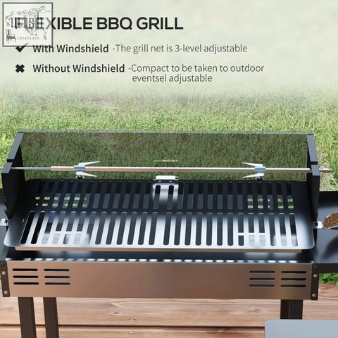 Outsunny black and stainless steel rotisserie grill with transparent windshield and steel body for chicken and turkey roasting