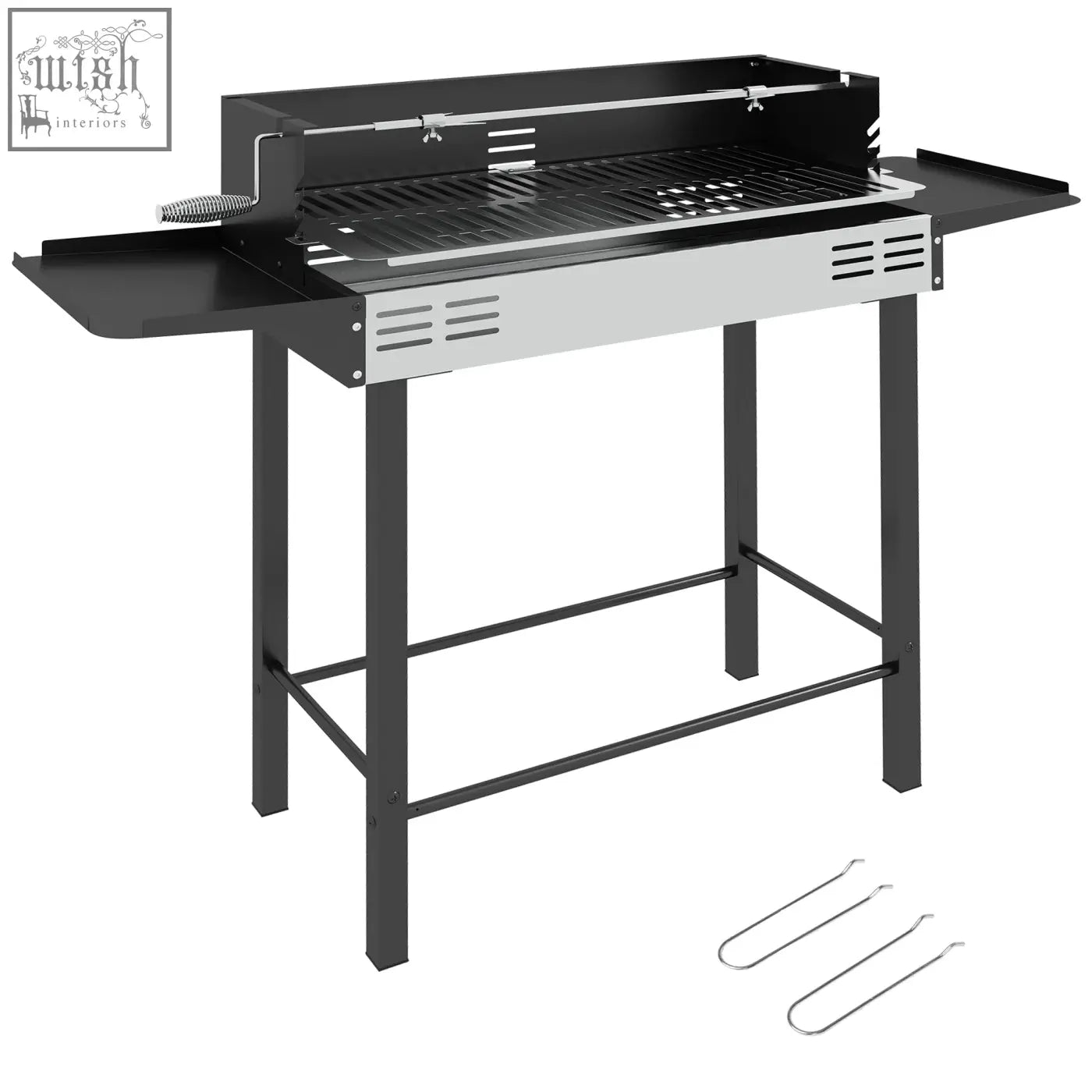 Outsunny bbqq rotisserie grill with black and stainless steel body side shelf and built-in rotisserie rod for roasting