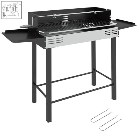 Outsunny bbqq rotisserie grill with black and stainless steel body side shelf and built-in rotisserie rod for roasting