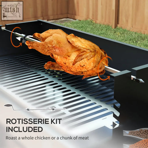 Golden roasted chicken on a stainless steel body outsunny bbq rotisserie grill with 3-level grate and side shelves