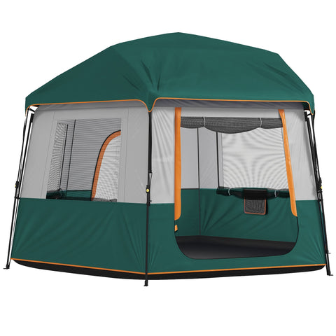 Outsunny cabin tent offers uv30+ protection green and gray pop-up camping tent with orange trim for 4 people