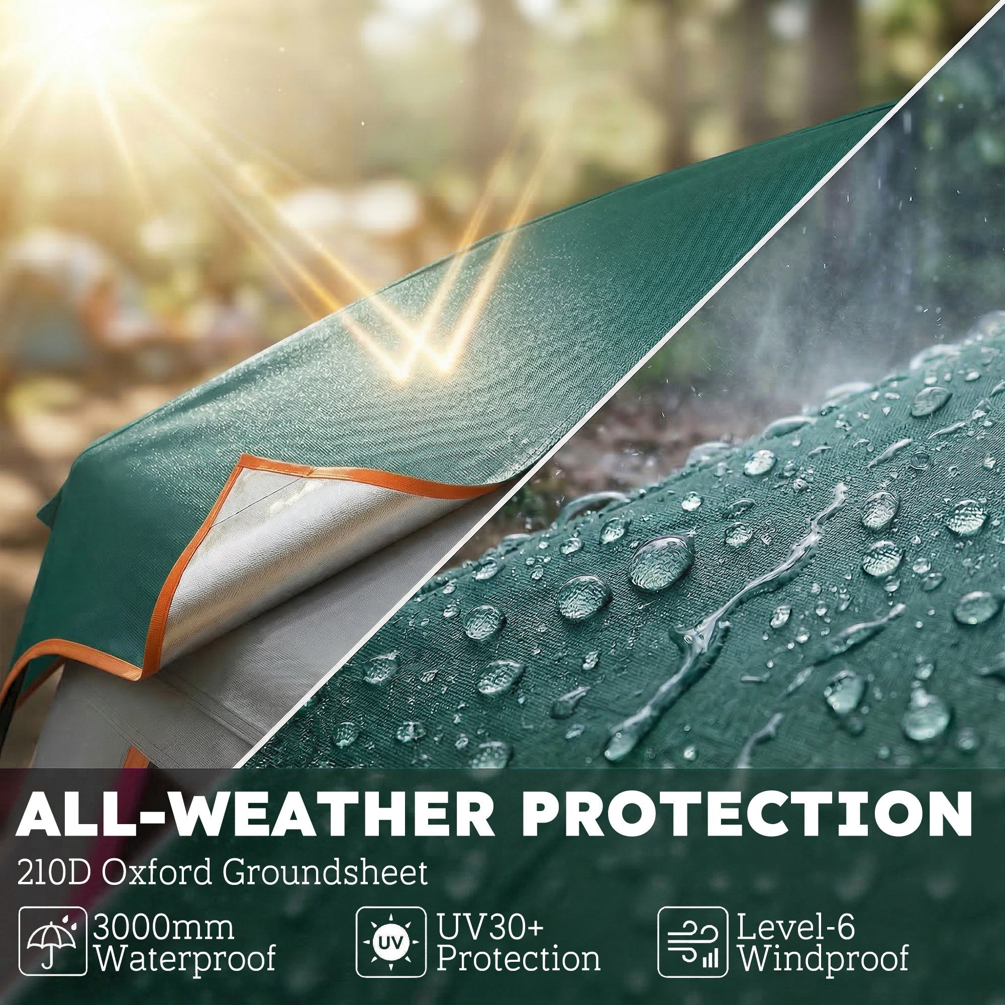 Dark green 210d oxford groundsheet with orange trim offers uv30+ all-weather protection for outsunny camping tent