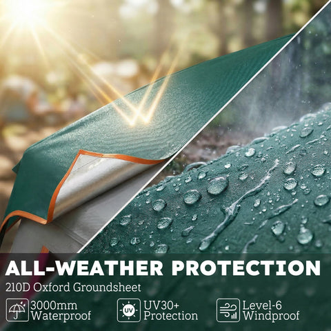 Dark green 210d oxford groundsheet with orange trim offers uv30+ all-weather protection for outsunny camping tent