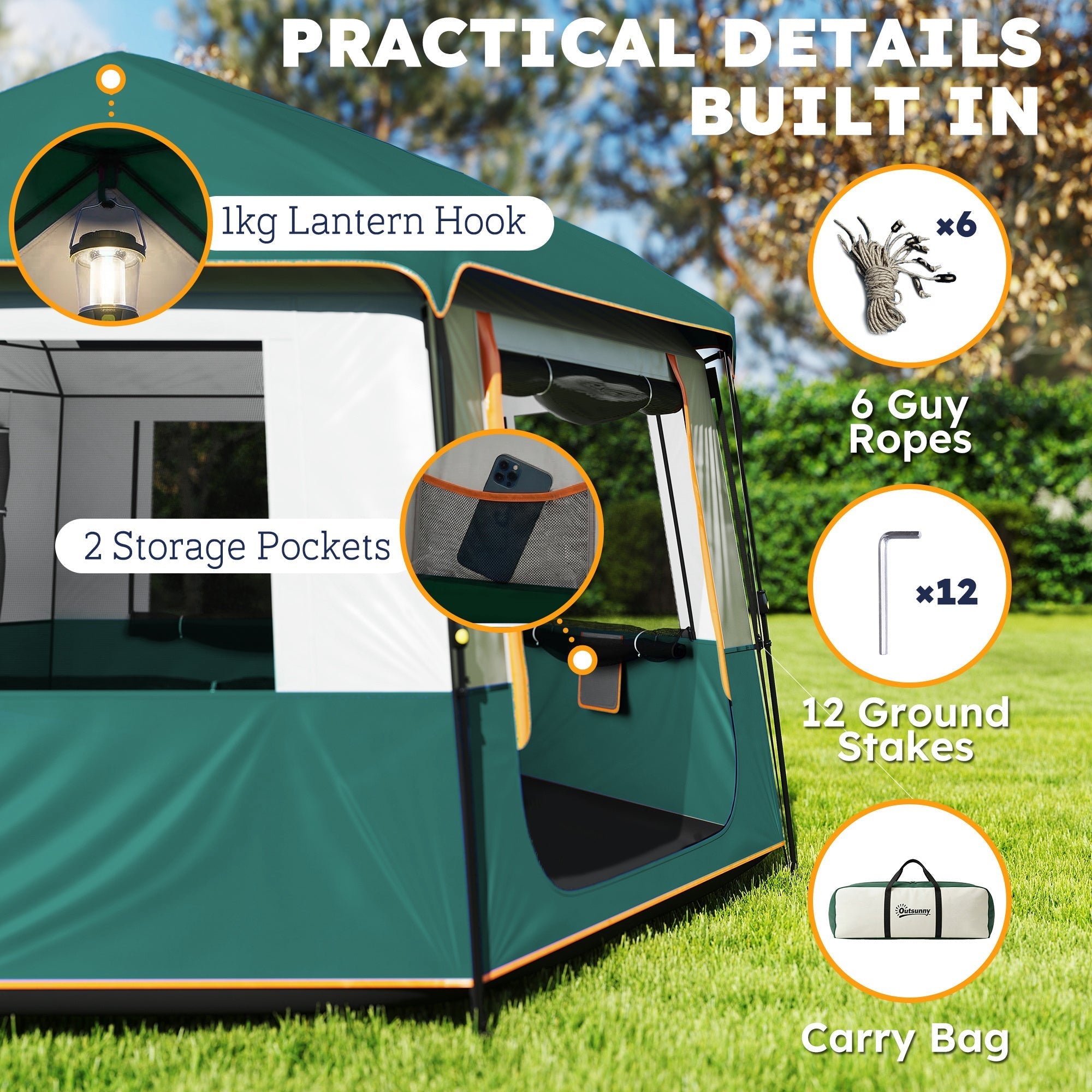 Outsunny green and white camping tent offers uv30+ with lantern hook storage pockets and easy setup for 4 person use