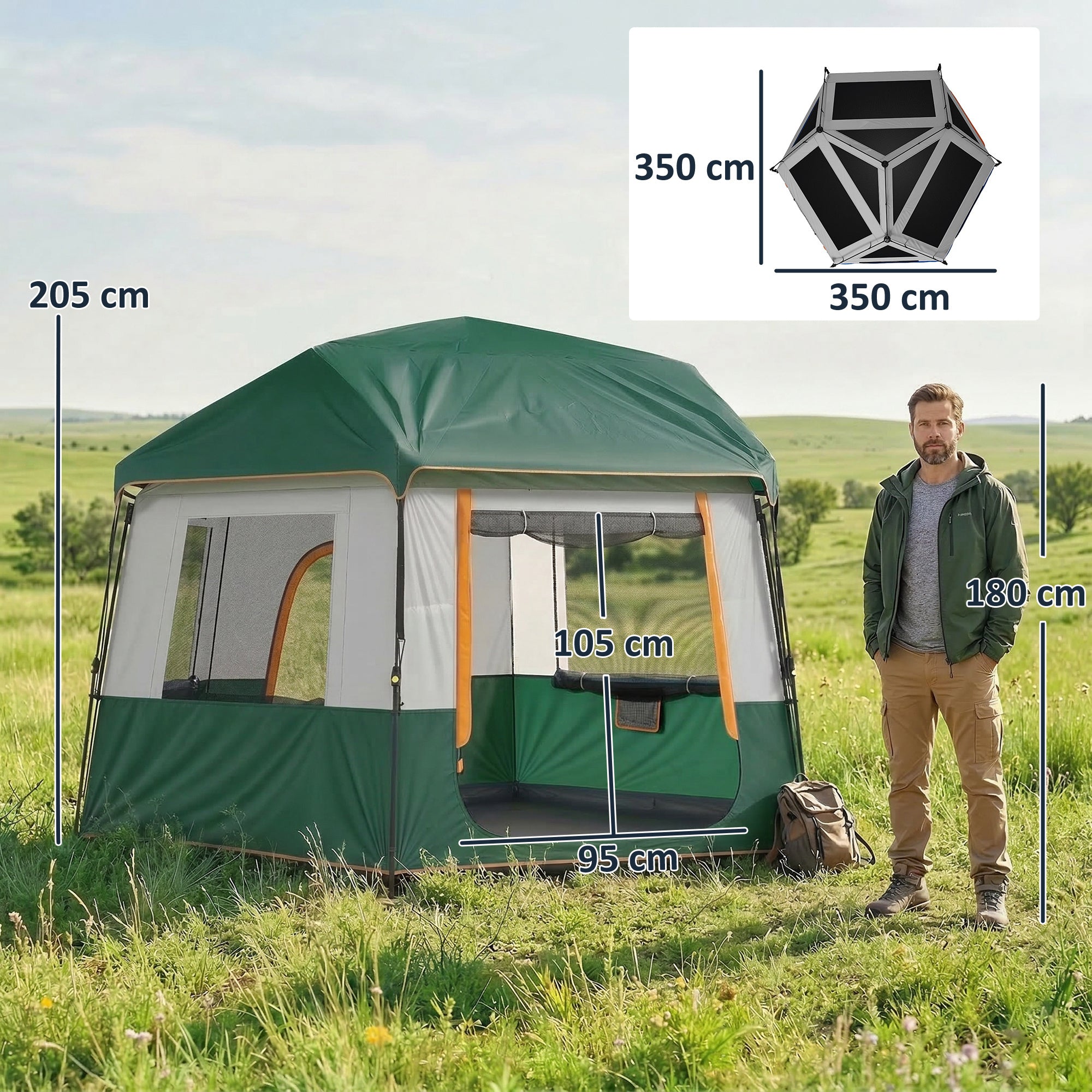 Outsunny cabin camping tent green with white and orange trim offers uv30+ and 3000mm waterproof protection for 4 people
