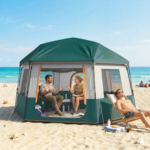 Green and beige outsunny cabin camping tent with wooden frame accents offers uv30+ and easy setup for 4 people
