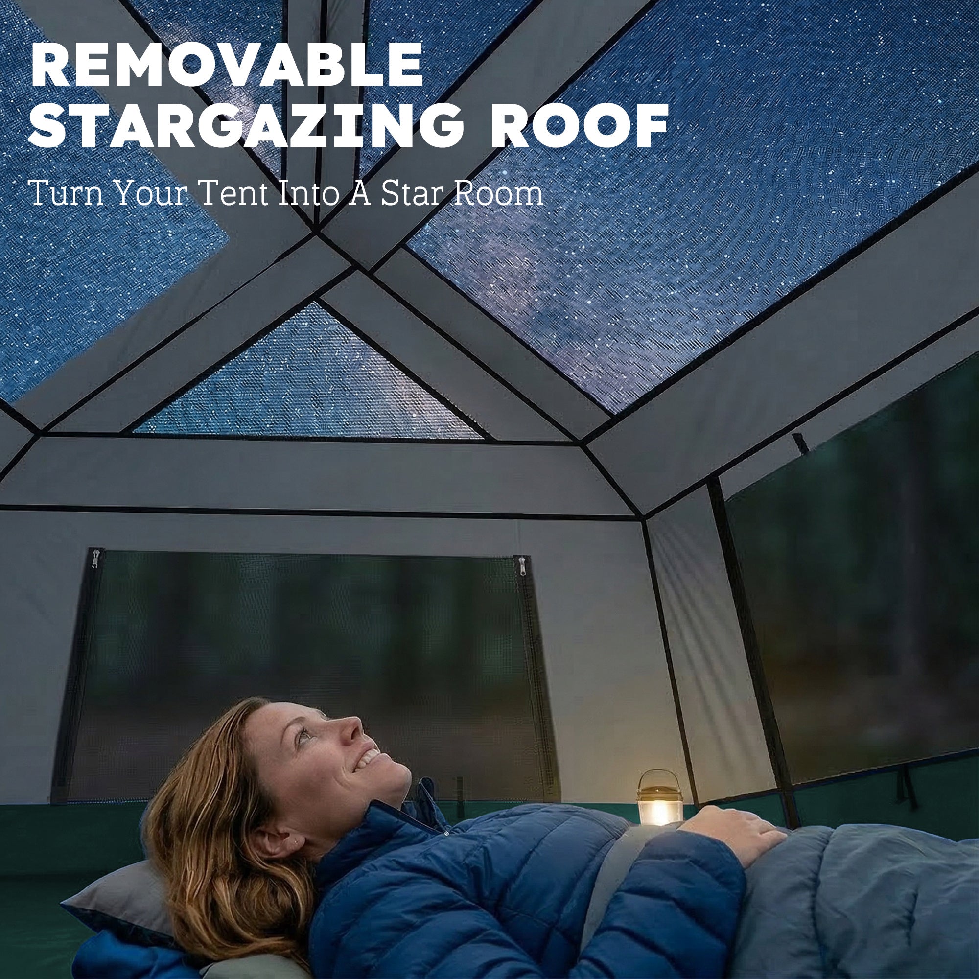Removable stargazing roof with starry mesh design in dark blue for outsunny camping tent offers uv30+ protection