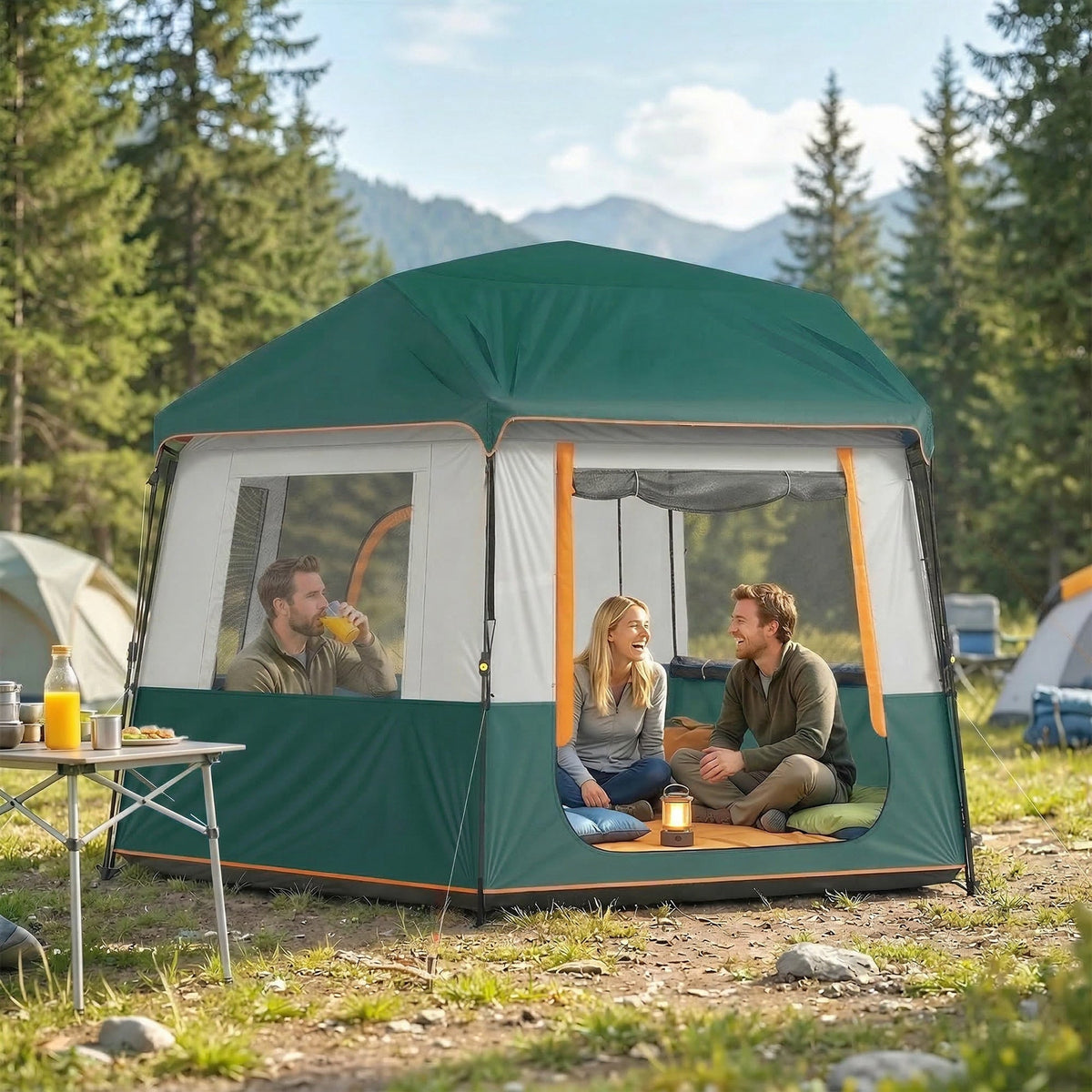 Green and white outsunny cabin tent with orange trim offers uv30+ waterproof camping tent for 4 person with bag