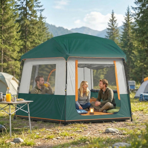Green and white outsunny cabin tent with orange trim offers uv30+ waterproof camping tent for 4 person with bag
