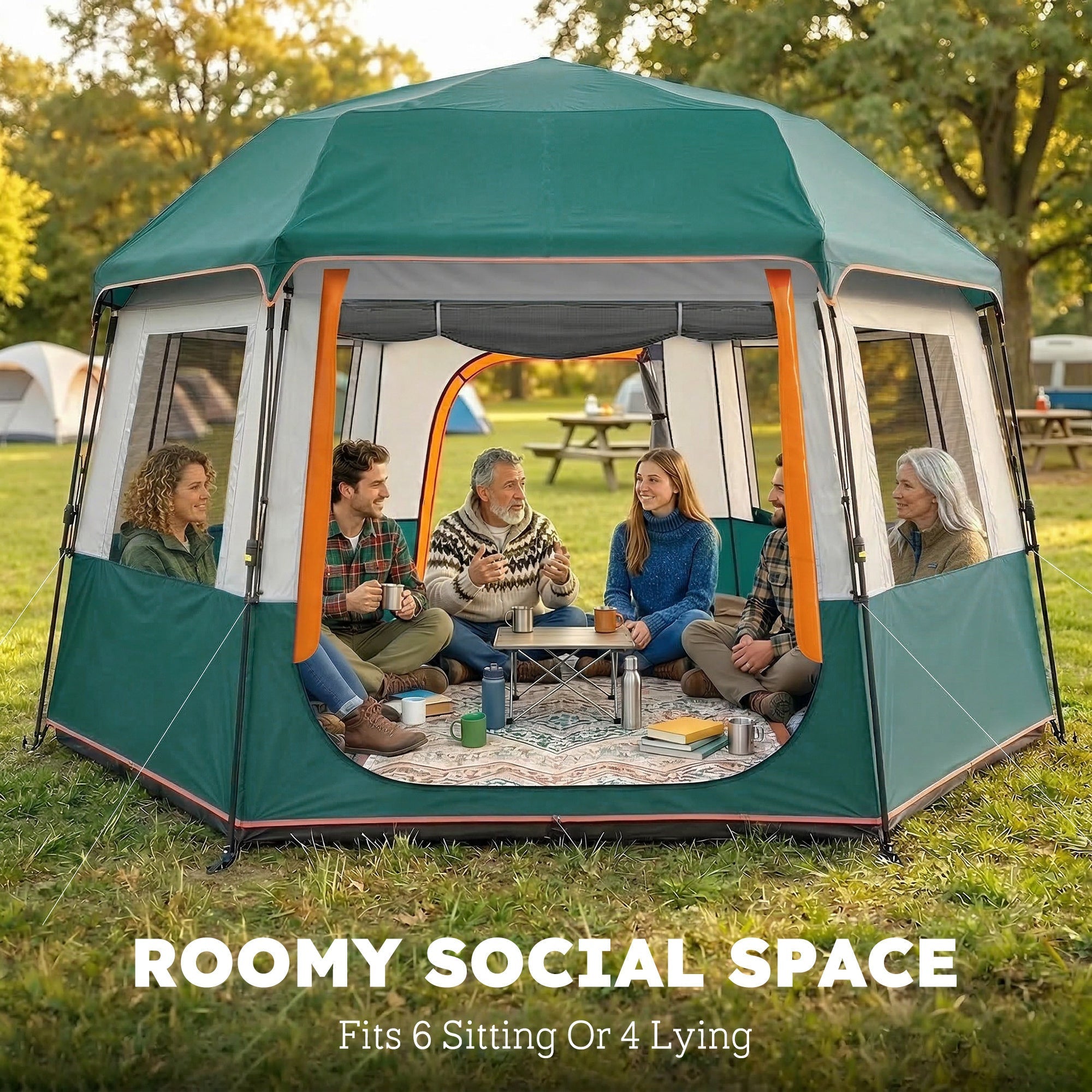 Teal and orange outsunny cabin camping tent with mesh windows offers uv30+ and easy setup for 4 people social gatherings