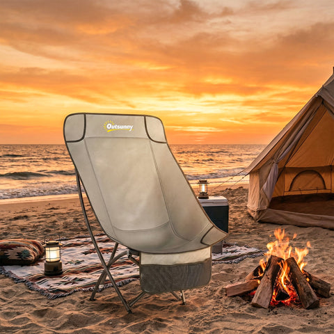 Beige outsunny camping chair with heavy duty metal frame mesh storage pocket and carry bag for easy transport