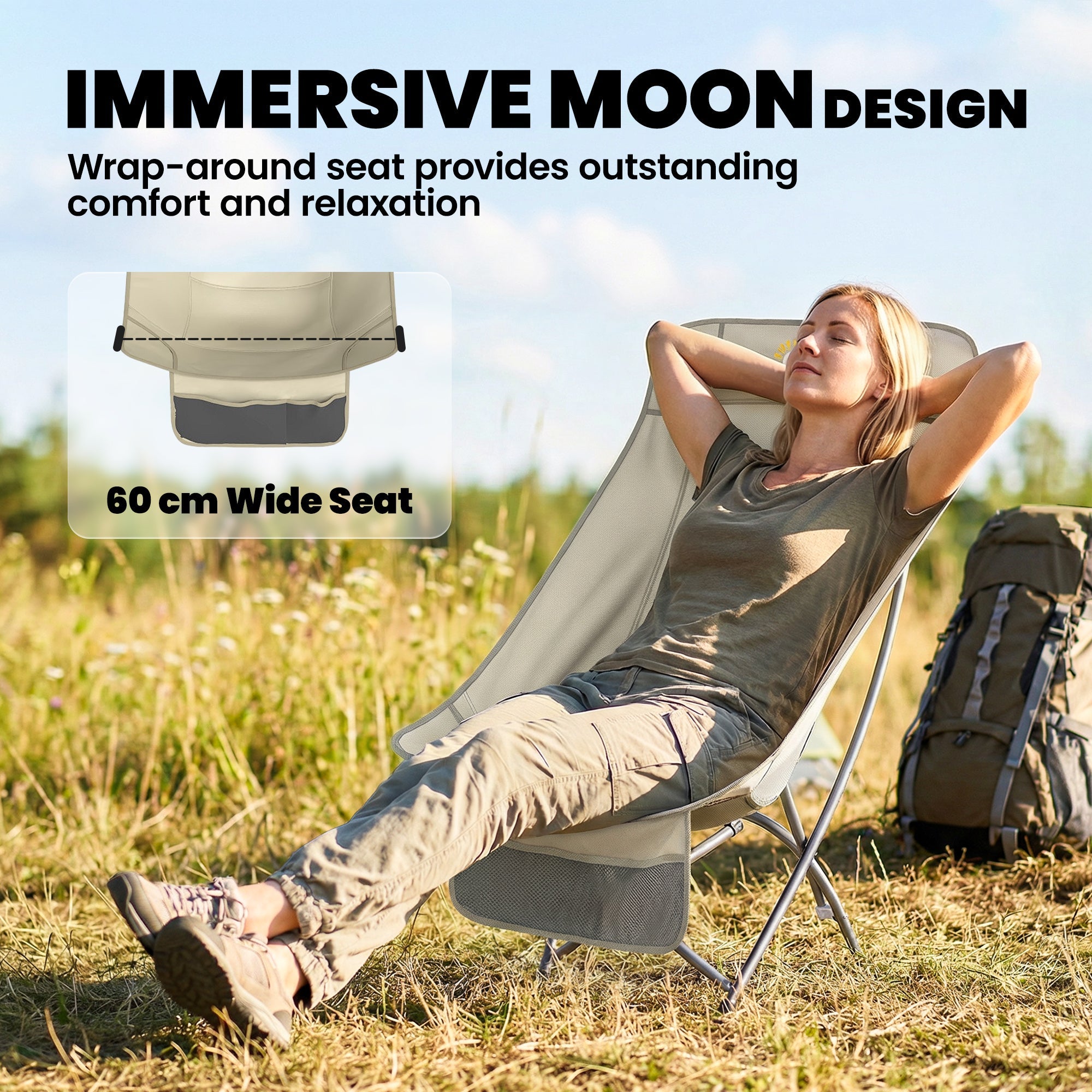 Beige and gray outsunny camping chair with wrap-around seat design, heavy duty folding camp chair with side pocket and carry bag