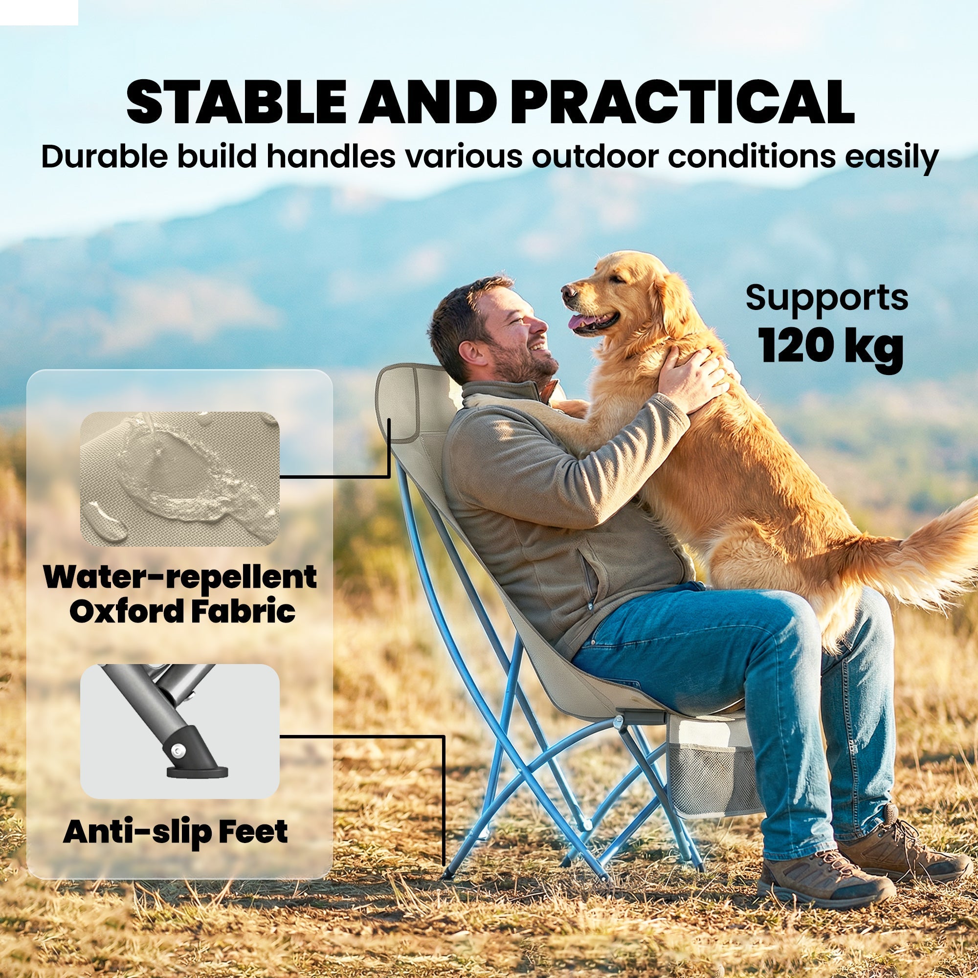 Light blue outsunny camping chair made of water-repellent oxford fabric with anti-slip feet and carry bag