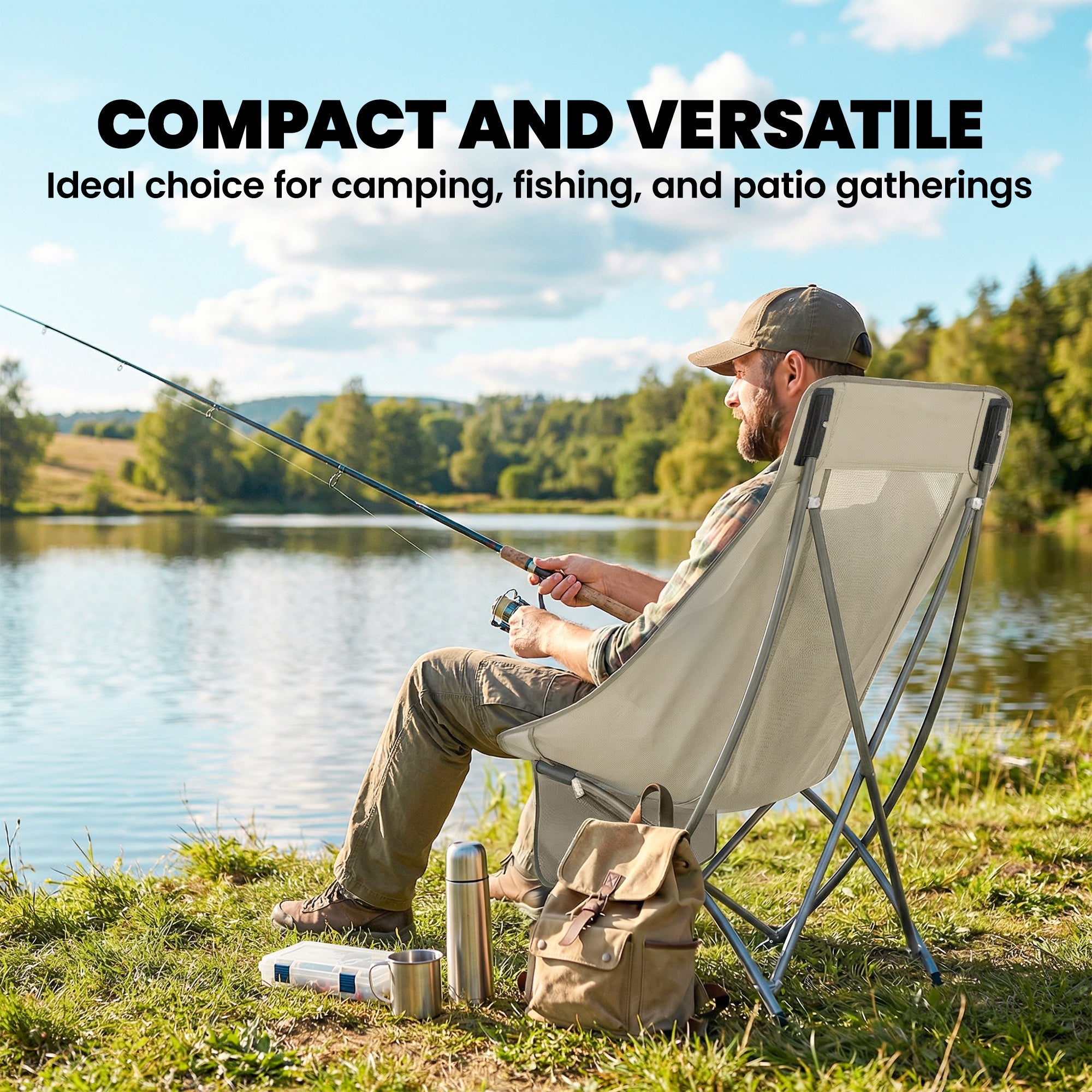 Beige outsunny camping chair with mesh back metal frame foldable design side pocket and carry bag for easy transport