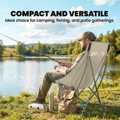 Beige outsunny camping chair with mesh back metal frame foldable design side pocket and carry bag for easy transport