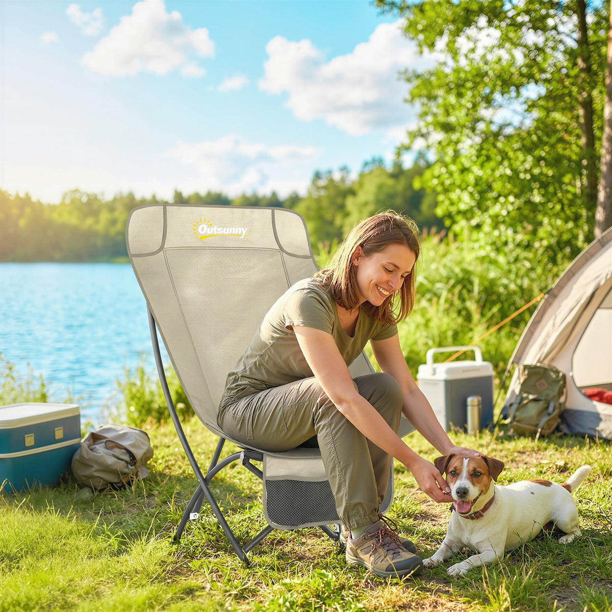 Beige foldable camping chair with black metal frame and outsunny logo on backrest with carry bag in khaki color