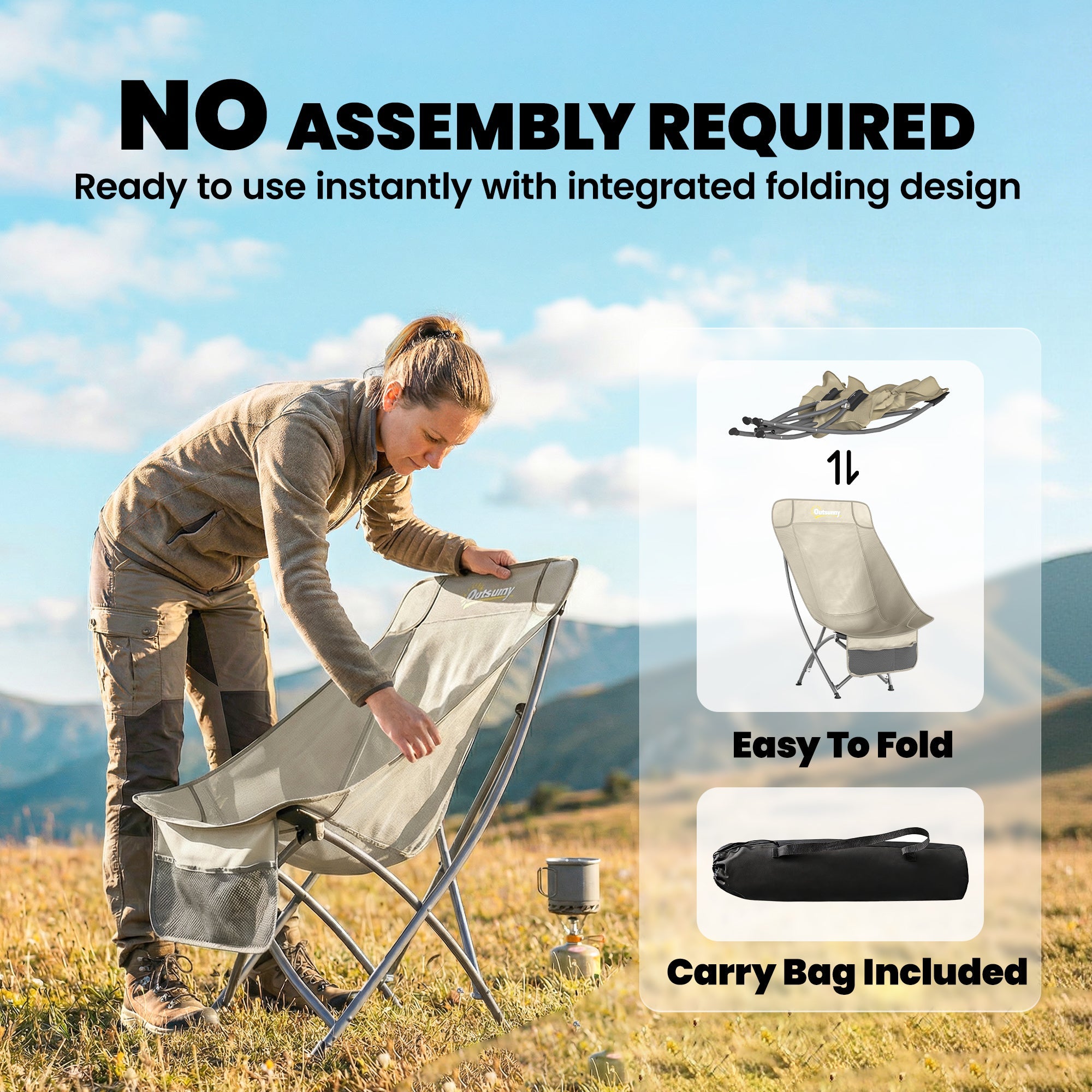 Beige outsunny camping chair with metal frame, mesh side pockets, and carry bag for easy folding and transport