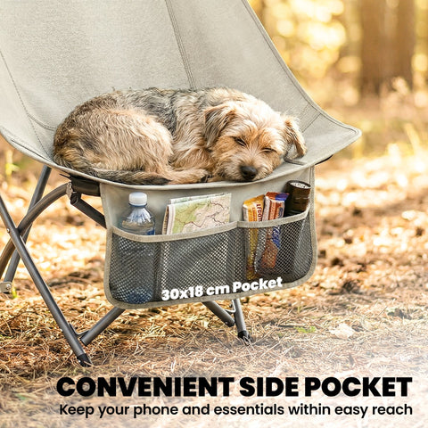 Gray outsunny camping chair with mesh side pocket holding essentials and carry bag for easy folding and transport
