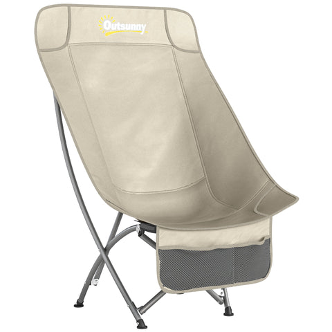 Beige mesh outsunny camping chair with gray metal frame side storage pocket and carry bag for easy camping use