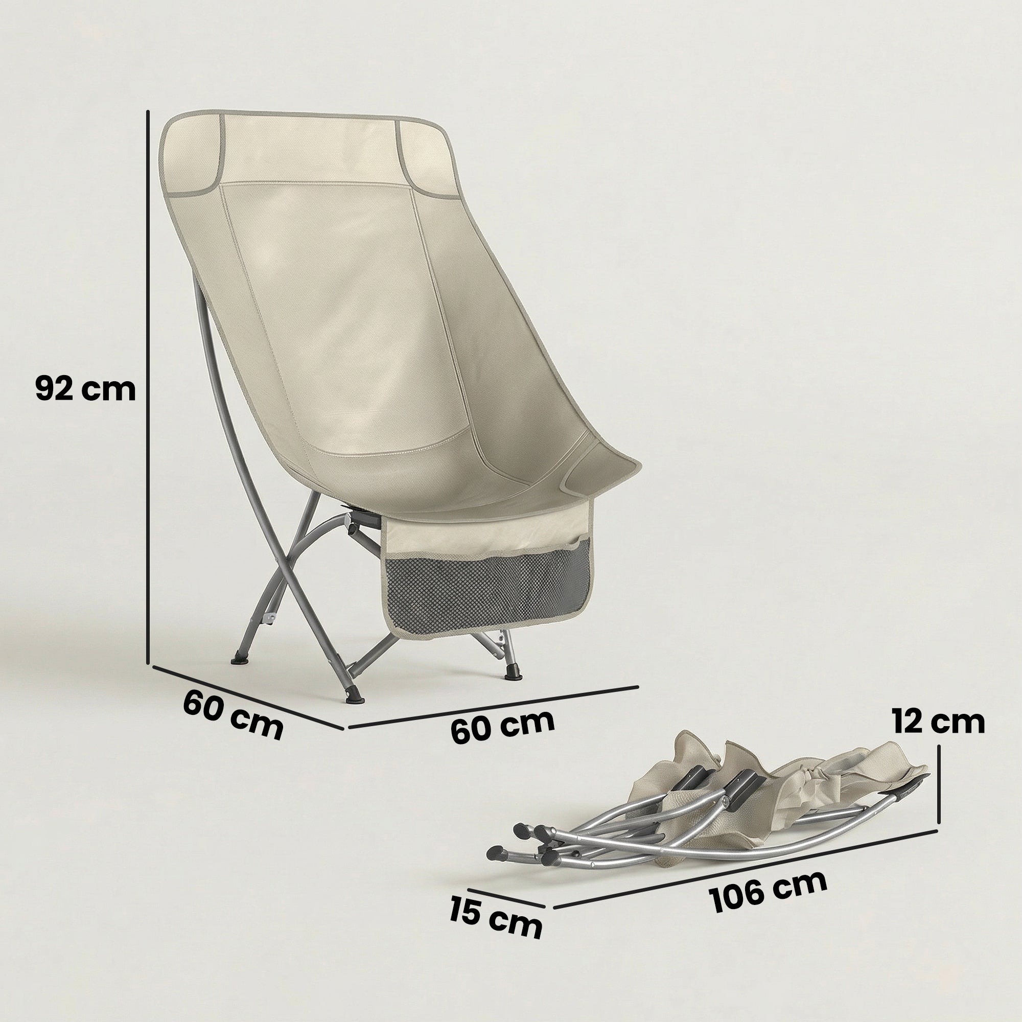 Beige outsunny camping chair with silver metal frame mesh storage pocket and carry bag for easy folding and transport