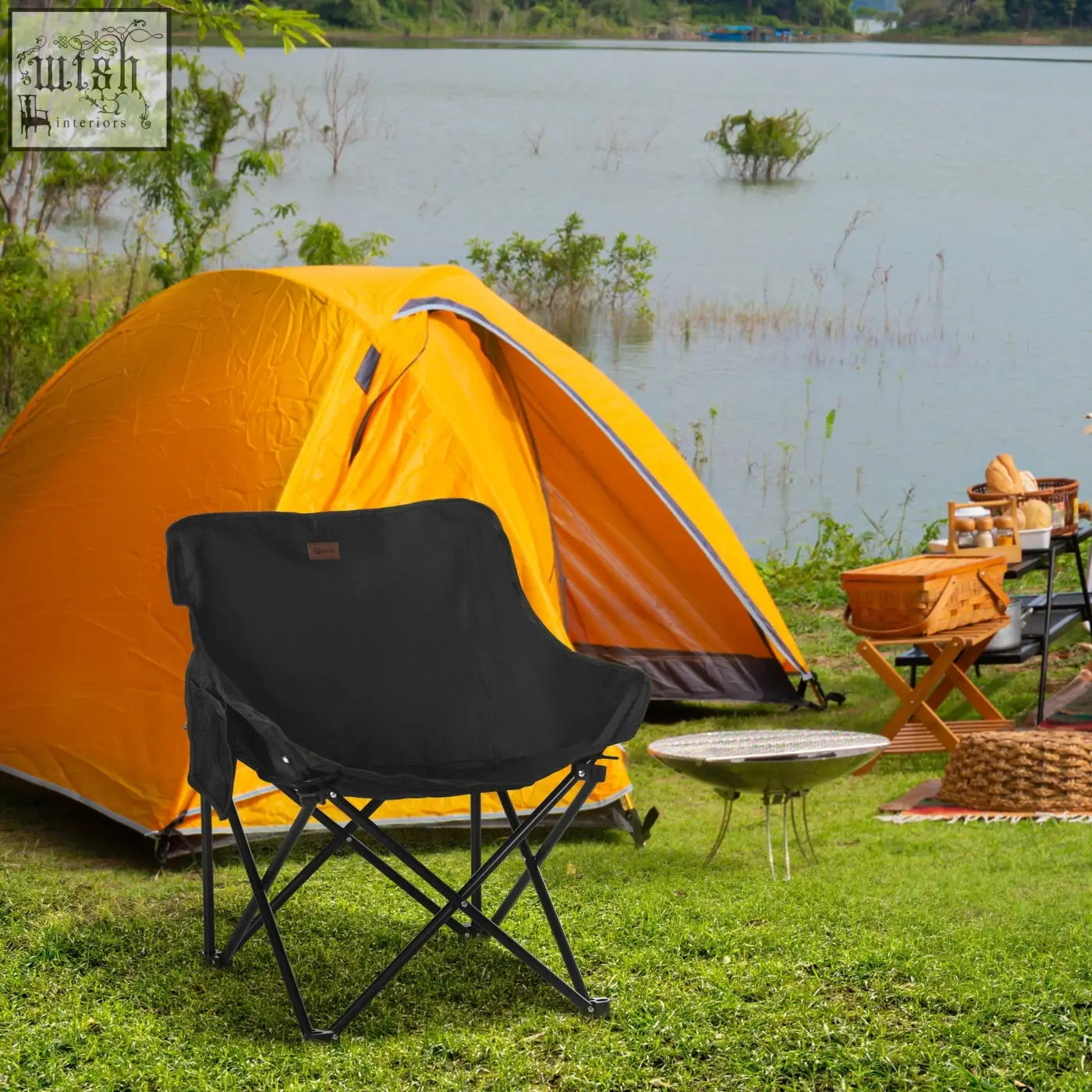 Outsunny black camping chair with fabric seat, padded backrest, and steel frame perfect for festivals and hiking