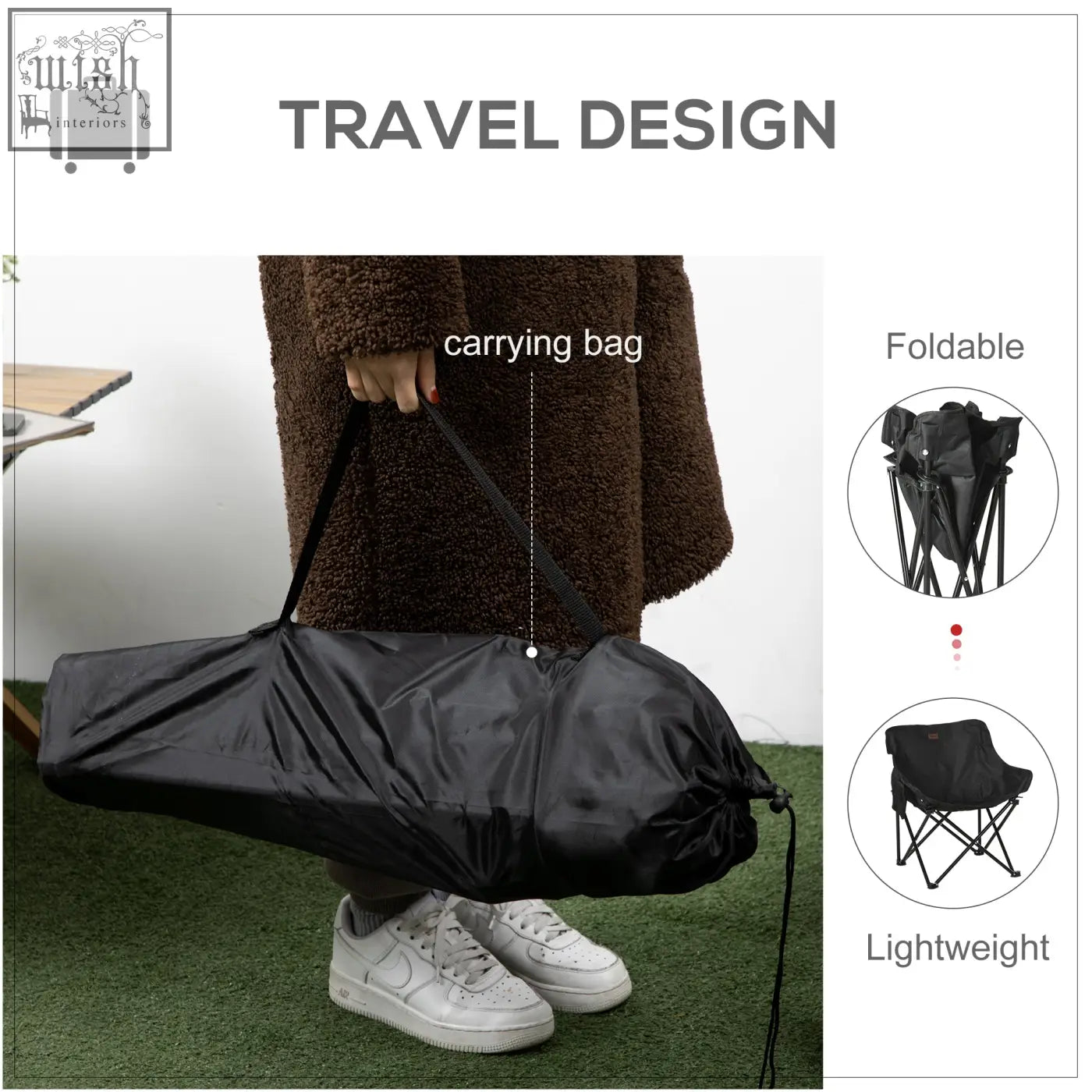Black Outsunny camping chair with steel frame and fabric seat folded in carrying bag for hiking fishing and festivals