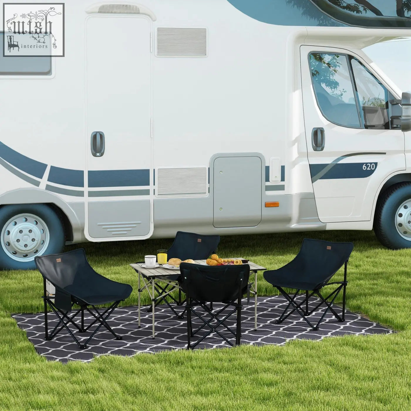 Outsunny black camping chairs with steel frame and fabric seat arranged around a table on a patterned rug