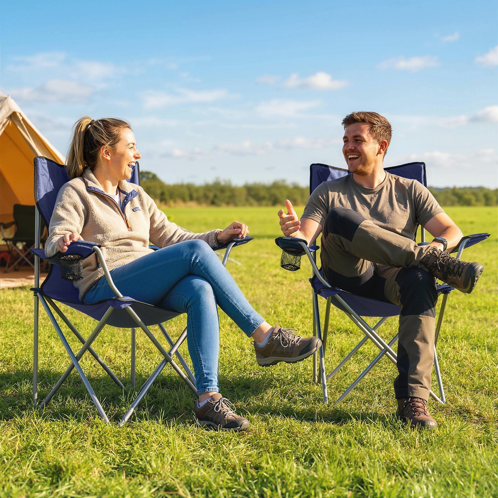 Outsunny camping chair set of 2 dark blue fabric folding camp chairs with silver frames cup holders and carry bag