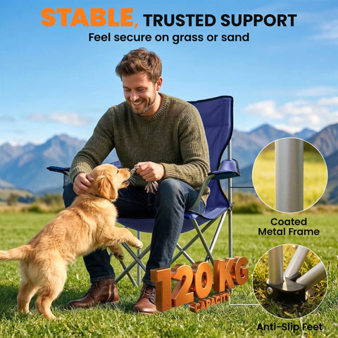Blue foldable camping chair with coated metal frame anti slip feet and carry bag in dark blue by Outsunny
