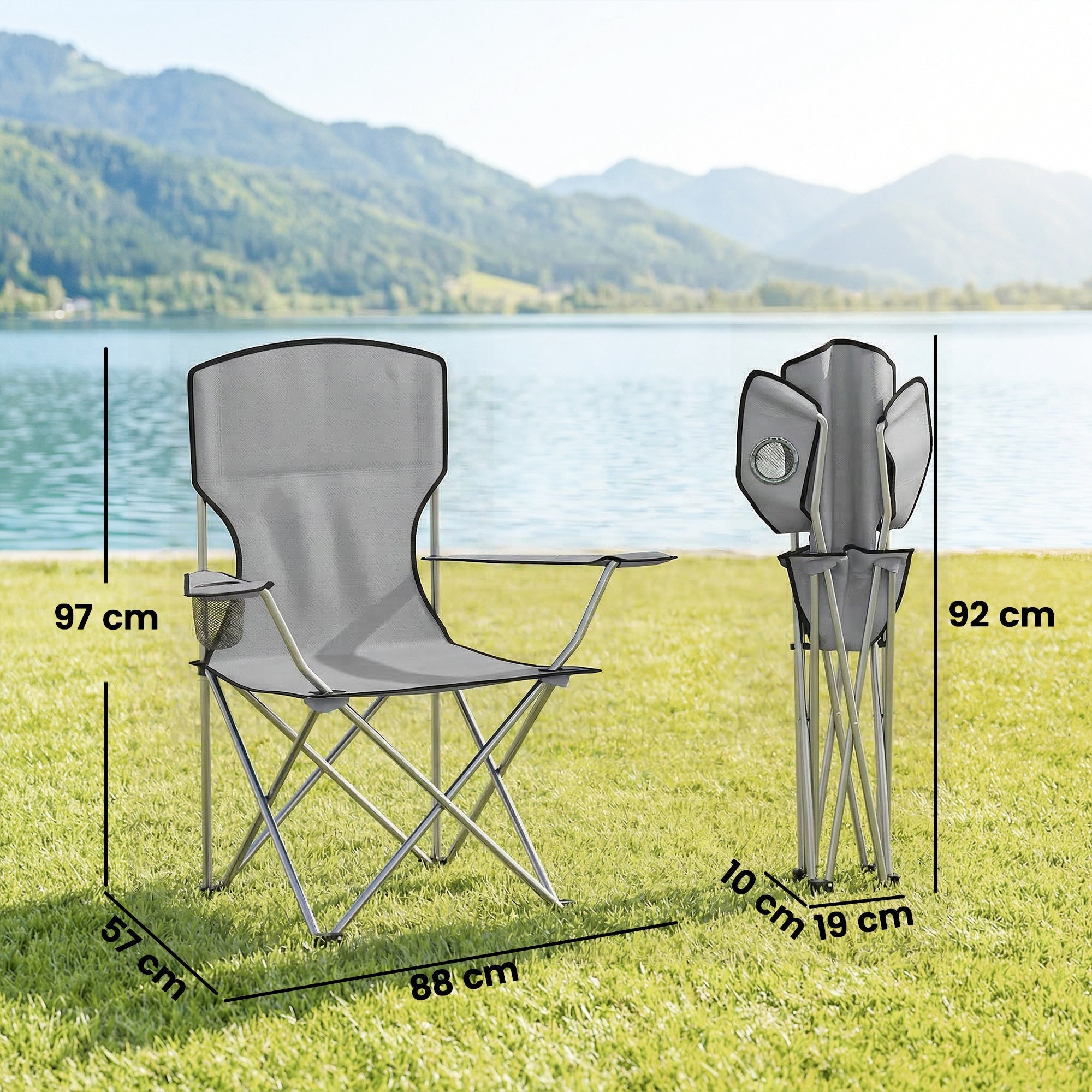 Gray mesh camping chair with silver metal frame side pockets 600d oxford fabric and carry bag included