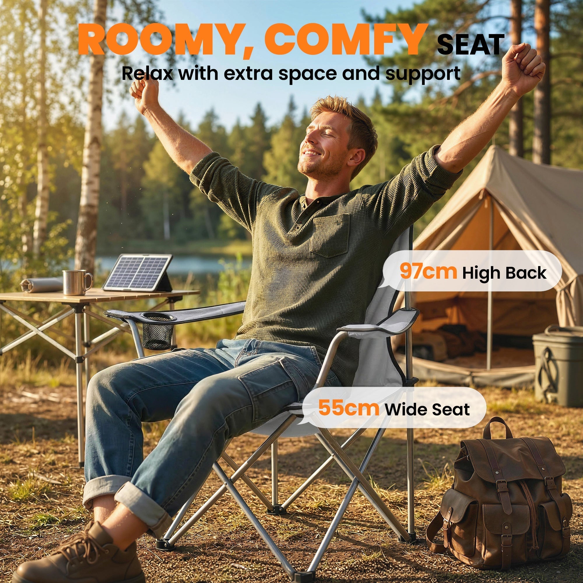 A silver-framed gray fabric camping chair made of 600d oxford with carry bag and cup holders for outdoor use