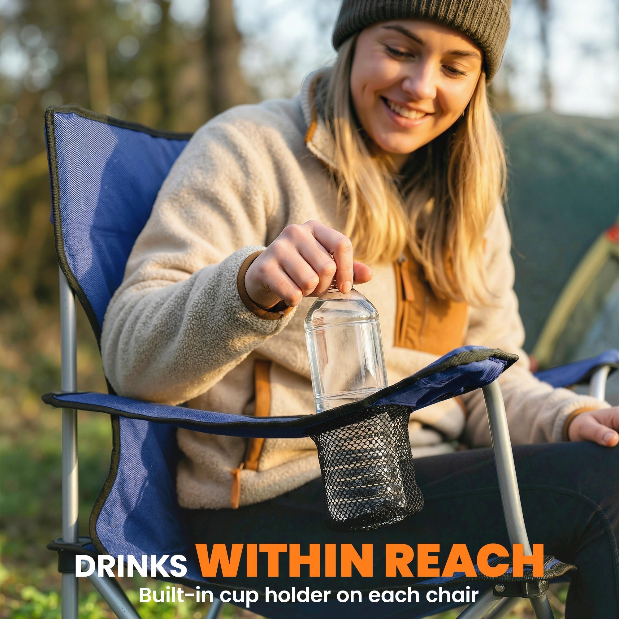 Blue outsunny camping chair with mesh cup holder made of 600d oxford fabric and comes with a carry bag
