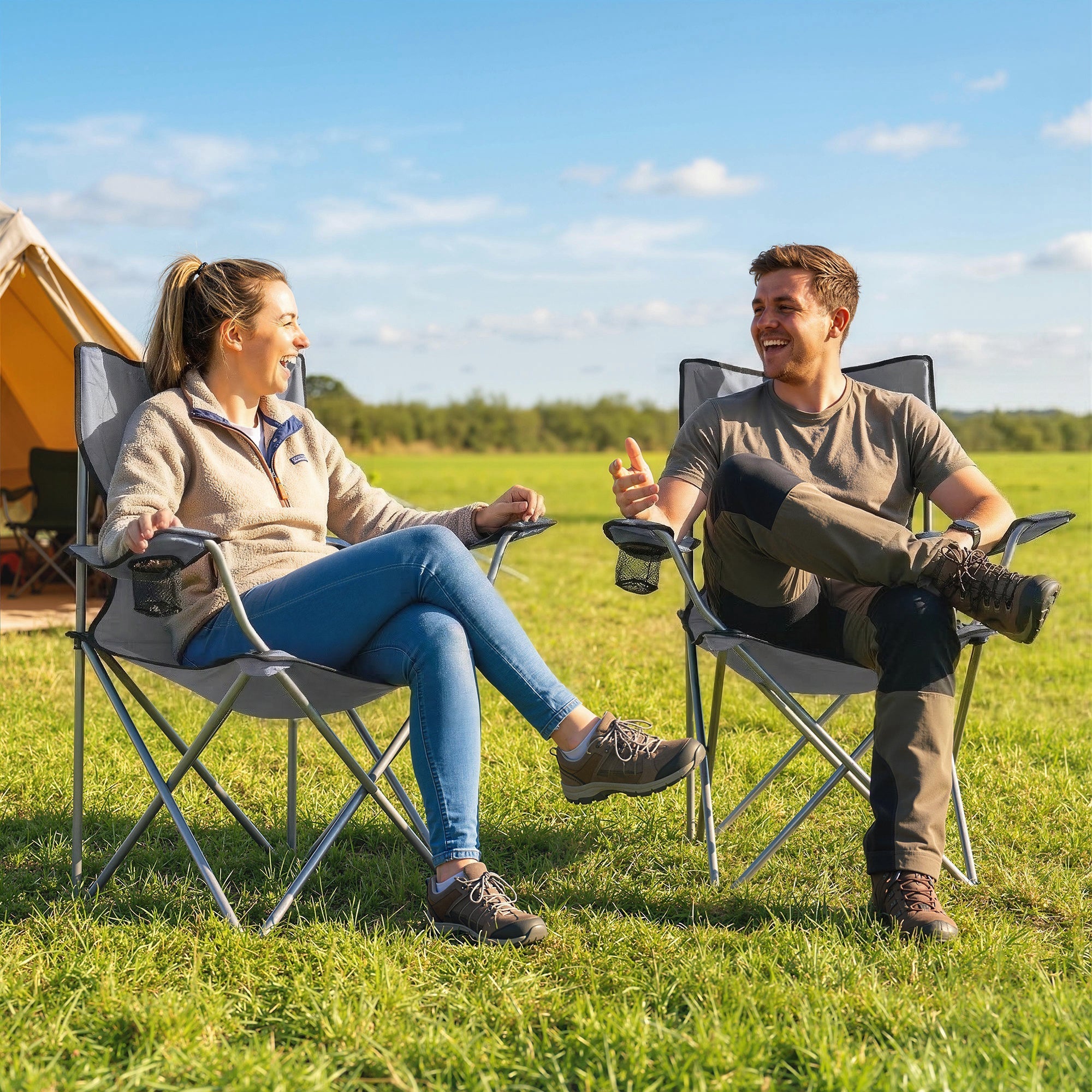 Outsunny gray camping chair set of 2 with metal frame 600d oxford fabric cup holders and carry bag