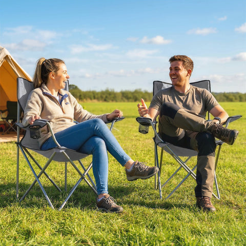 Outsunny gray camping chair set of 2 with metal frame 600d oxford fabric cup holders and carry bag