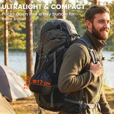 Dark gray ultralight hiking backpack with black straps and compact sack beside outsunny camping cooking set gray
