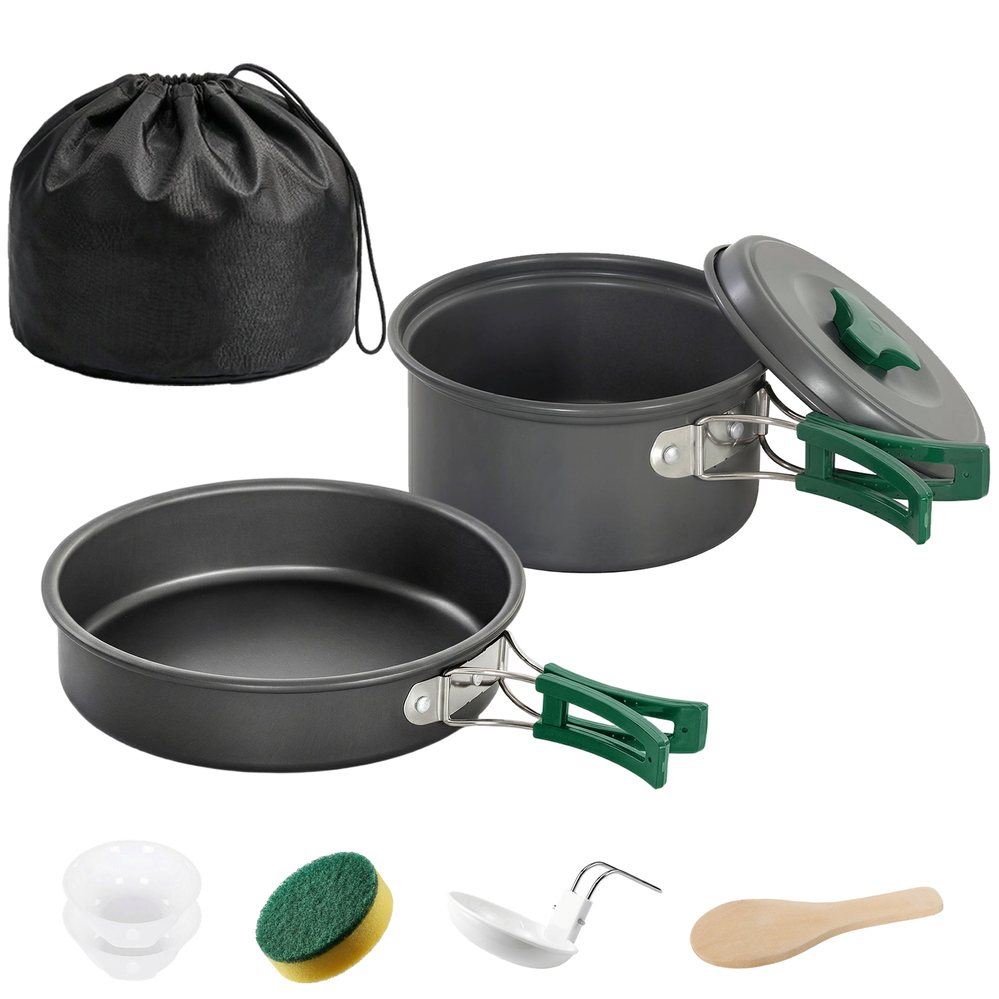 Outsunny camping cookware set in black and green with a drawstring bag for ultralight camping cooking kit use
