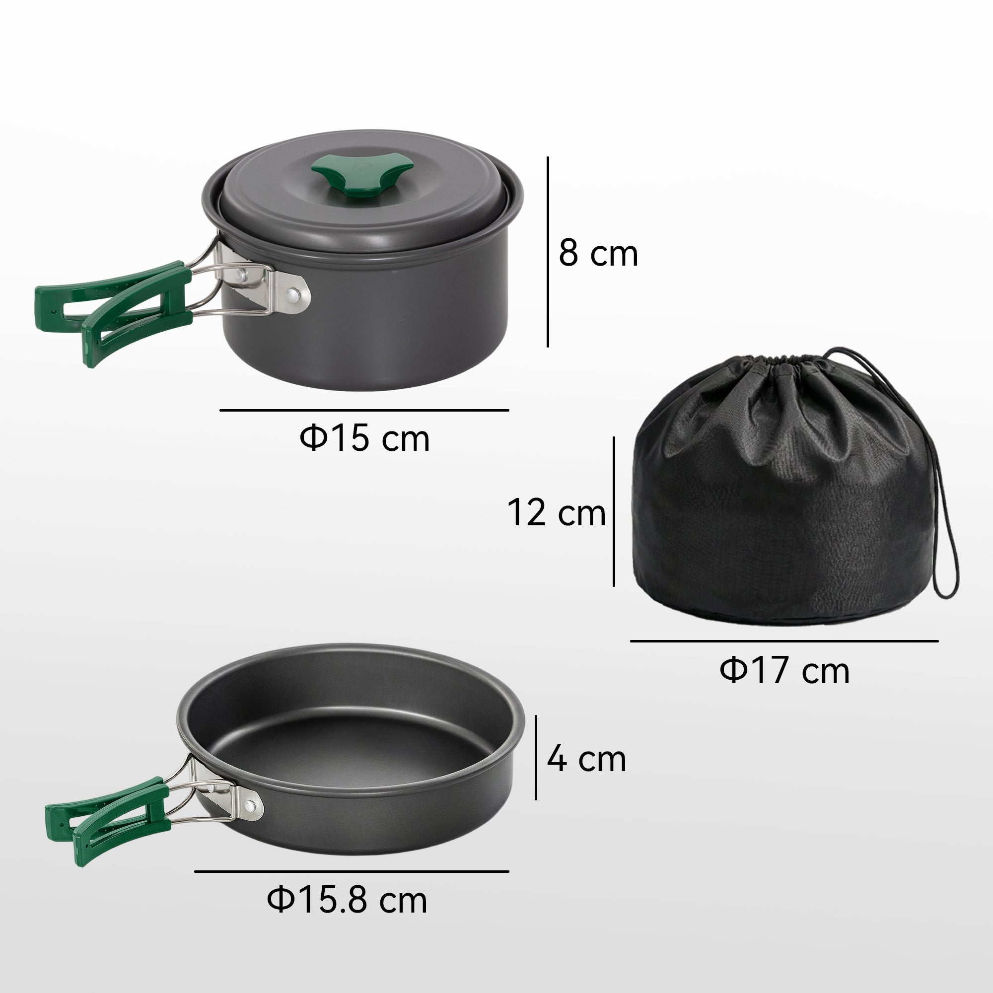Outsunny camping cooking set with black aluminum pot and pan, green anti-scald handles, ultralight and compact design