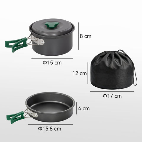 Outsunny camping cooking set with black aluminum pot and pan, green anti-scald handles, ultralight and compact design