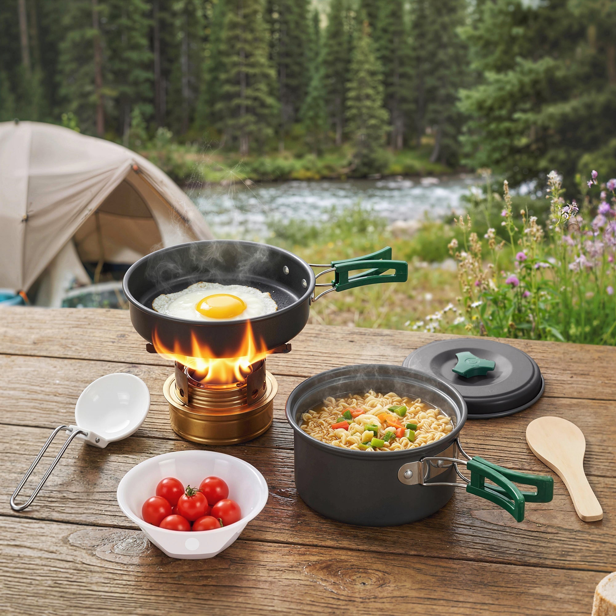 Black outsunny camping cookware set with green anti-scald handles and brass burner base for camping cooking use