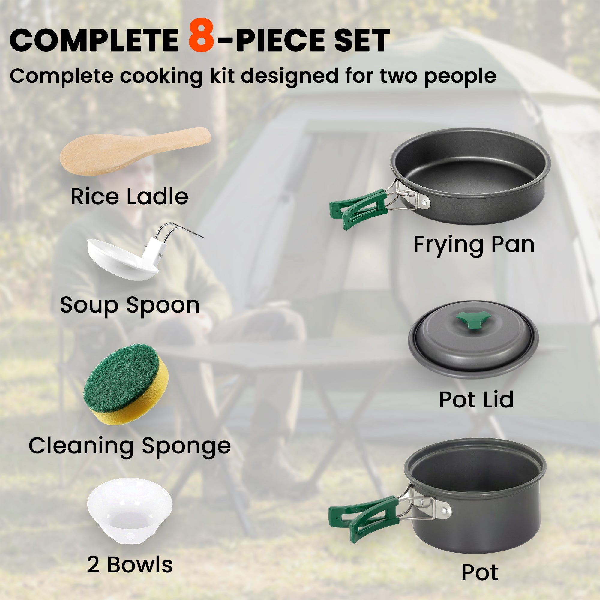 Black frying pan with green anti-scald handles and silver hinge from outsunny camping cooking set in grey