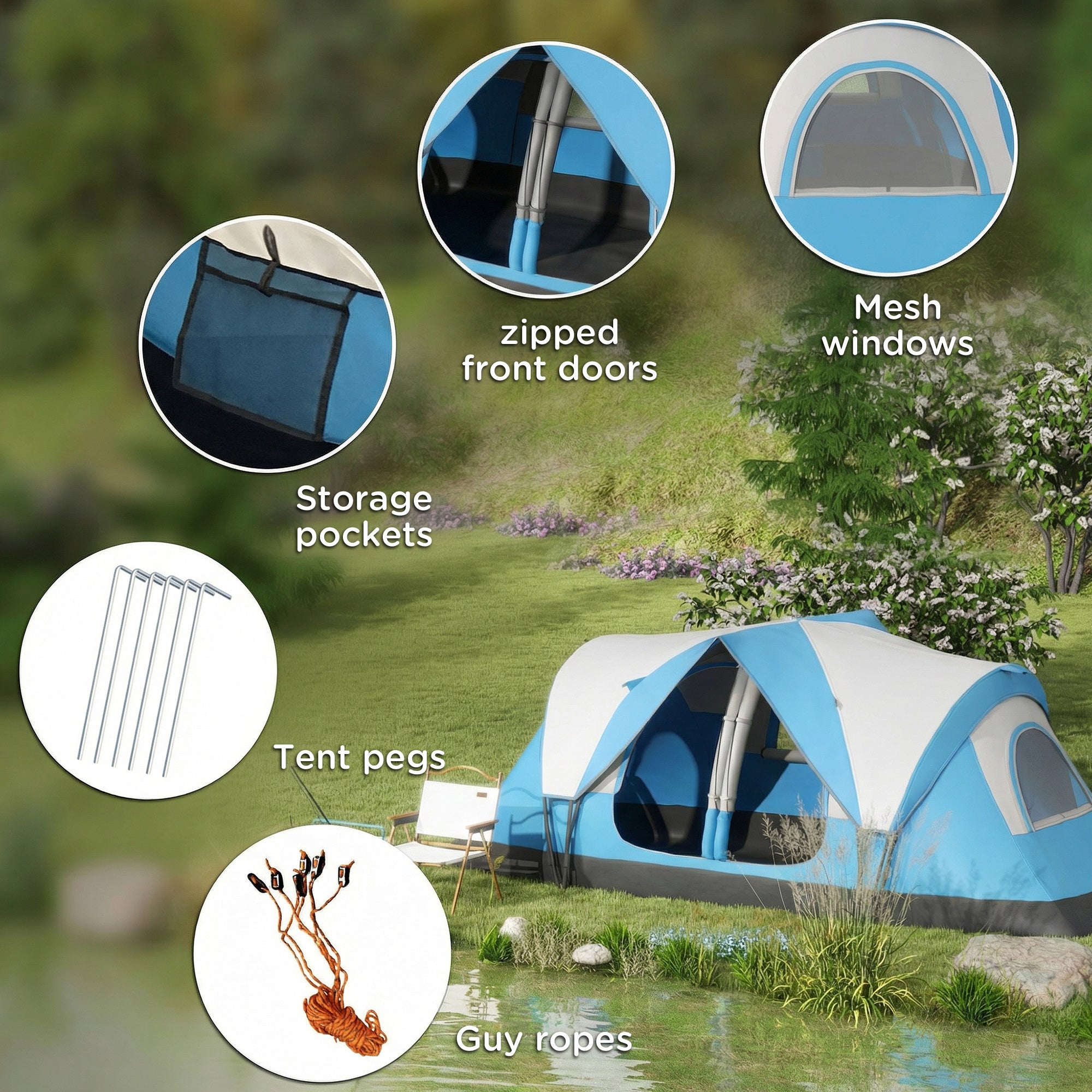 Blue and white outsunny camping tent for 6-8 man with 2000mm rain protection mesh windows and carry bag 215w x 180hcm